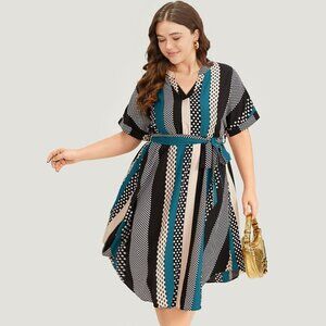 BloomChic Aegean Polka Dot Patchwork Striped Belted Notched Dress